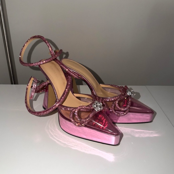 MACH & MACH Metalic Pink Double Crystal Bow Platform Pump - Picture 2 of 7